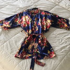 Navy Blue Floral Kimono Robe